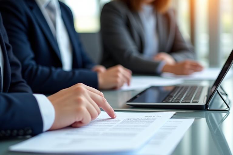 Legal consultant reviewing digital and physical contracts in a modern London office